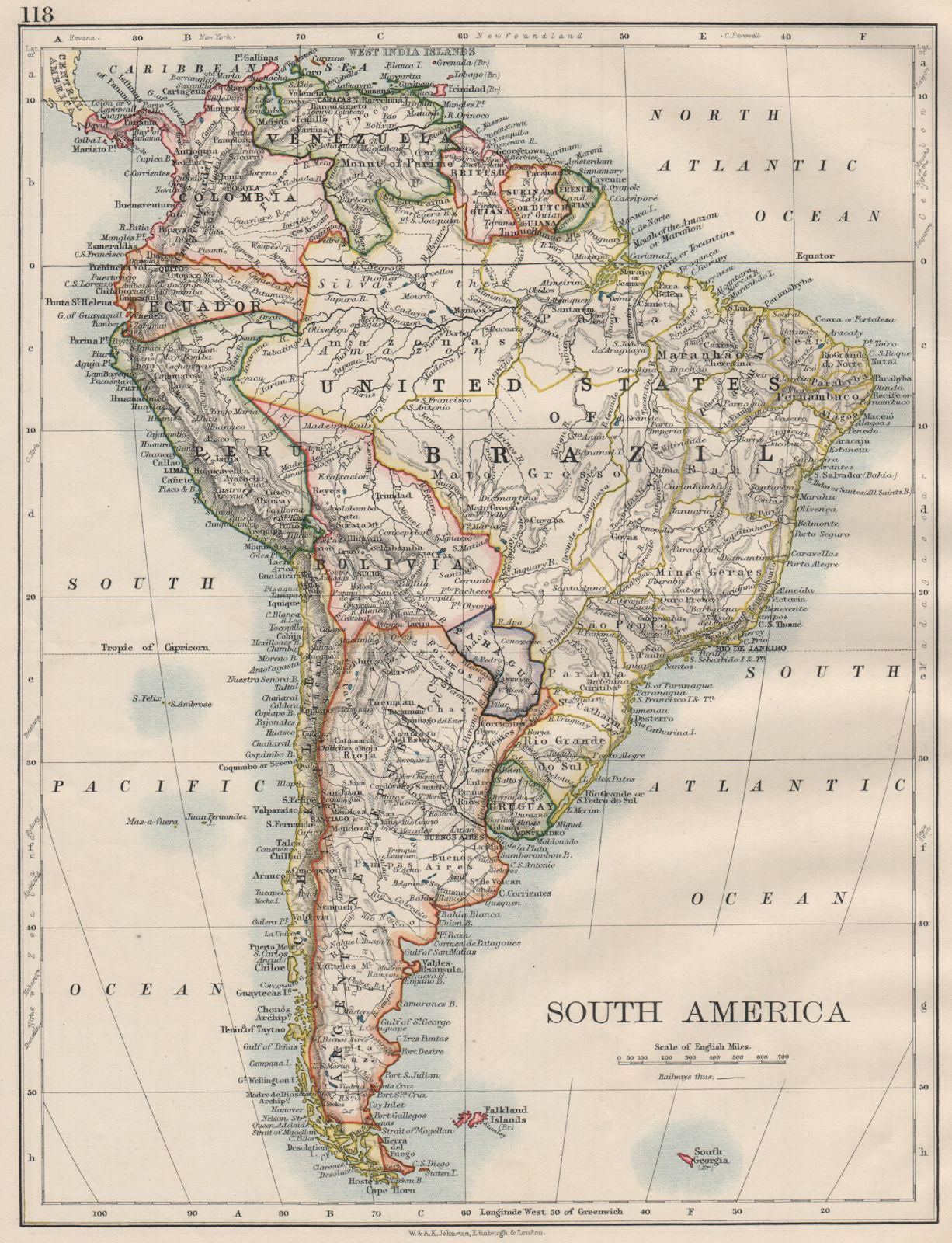 SOUTH AMERICA. Bolivia includes Acre, now in Brazil. JOHNSTON 1900 old map